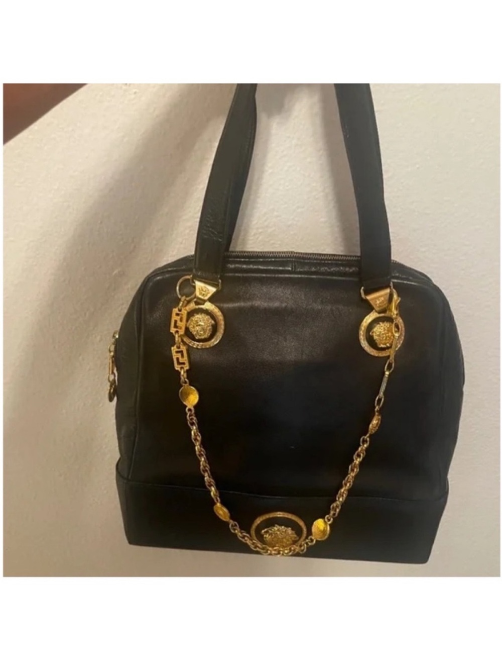 Versace Black Leather Shoulder Bag with Gold Medallion Chain